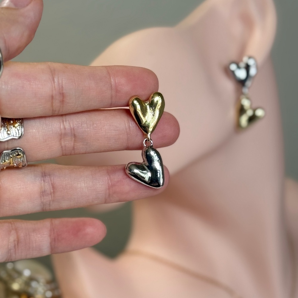 Minimalist Design Gold and Silver Heart Earrings - Picture 6 of 9